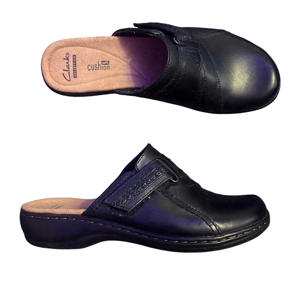 Clarks Collection Soft Cushion Black Mule Clogs Hook Loop Comfort Womens 7M